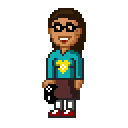 Das ist eine Pixelversion von Meddy. Sie träg rote Schuhe, einen weinroten Rock und ein hellblaues Top. In der Hand hält sie ein schwarzes Gamepad. Sie blickt begeistert.