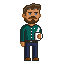 Das ist eine Pixelversion von Thomas. Er trägt eine blaue Hause, ein grünes Hemd und hält eine dampfende Kaffeetasse in der Hand. Sein Blick ist mürrisch.